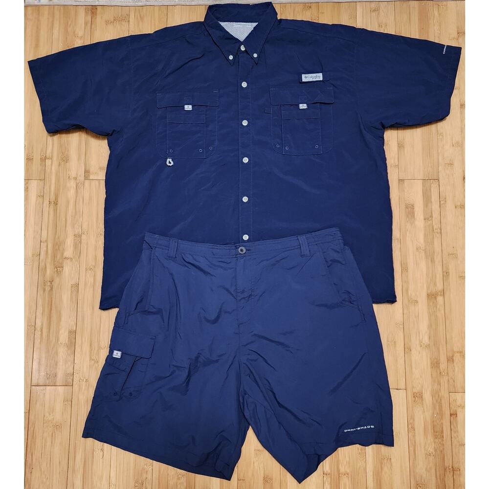 Columbia PFG Shirt Shorts Bundle Mens XL Blue Bahama Button Front Fishing Hiking